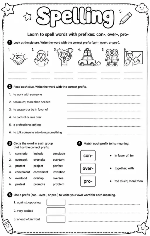 Learn to spell words with prefixes: con-, over-, pro-