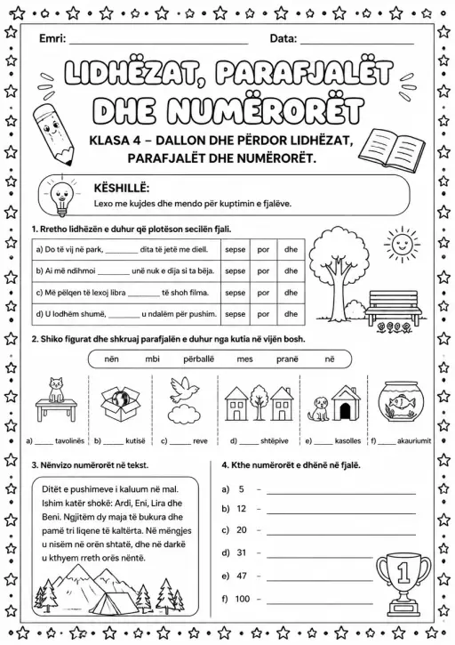 Lidhëzat, parafjalët dhe numërorët klasa 4