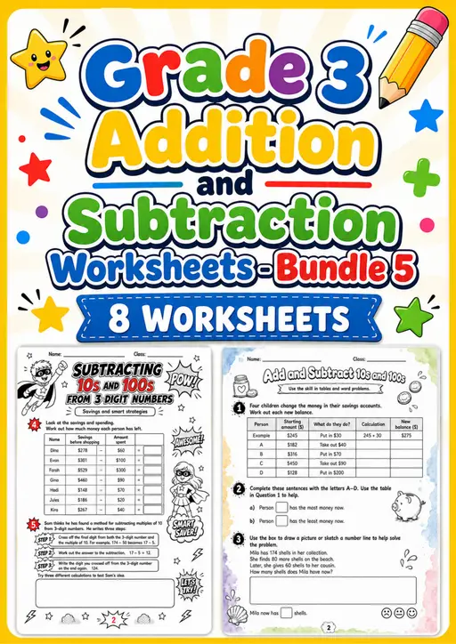 Grade 3 Addition and Subtraction Worksheets - Pack 5
