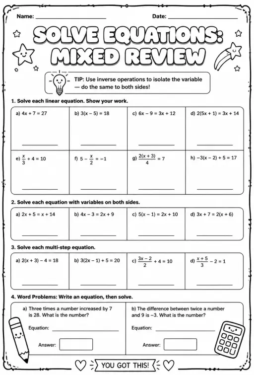 Solve equations: mixed review
