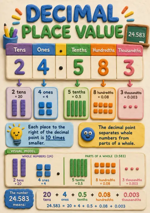 Decimal Place Value 24.583 Decimals and Percent Infographic