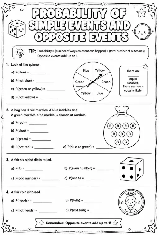 Probability of simple events and opposite events
