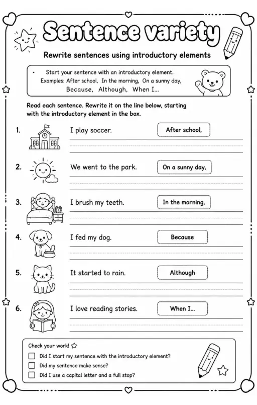 Rewrite sentences using introductory elements