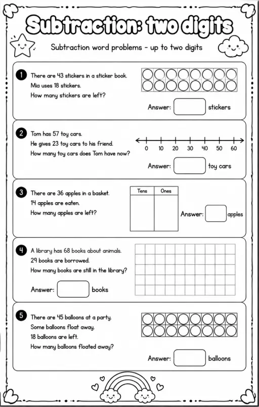 Subtraction word problems - up to two digits