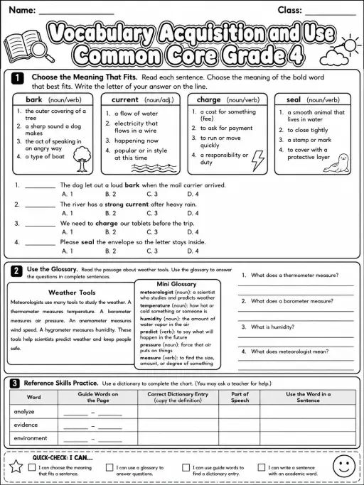 Vocabulary Acquisition and Use Common Core Grade 4