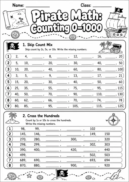 Pirate Math: Number Sequences Worksheet