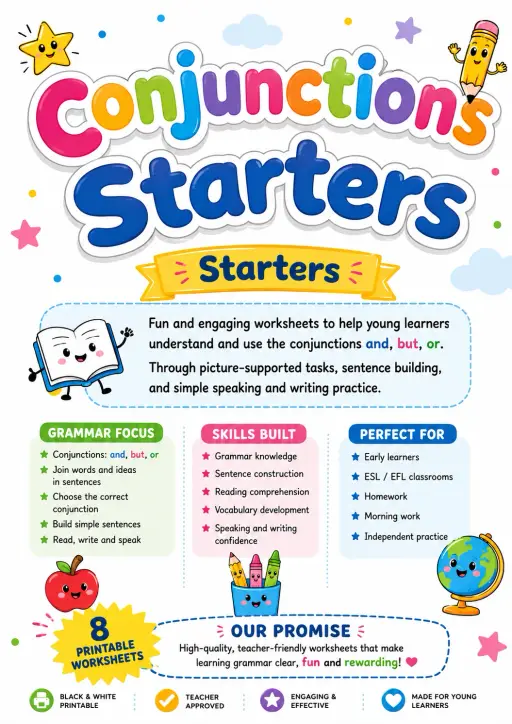 Conjunctions Starters Grammar Worksheet Pack