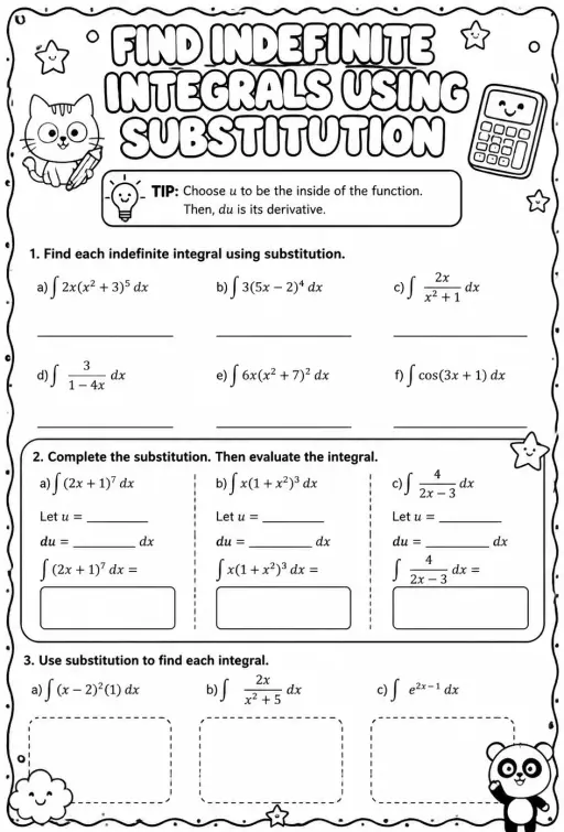 Find indefinite integrals using substitution