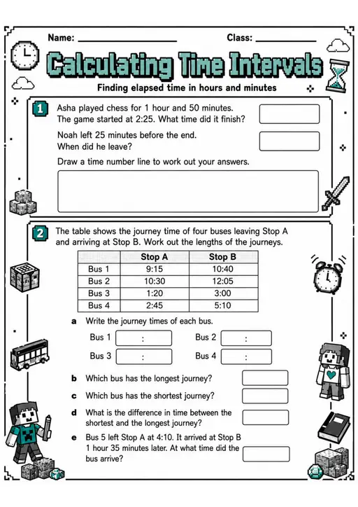 Calculating Time Intervals - Grade 3 Math Worksheet - grade 3 Graphs, tables, and data interpretation