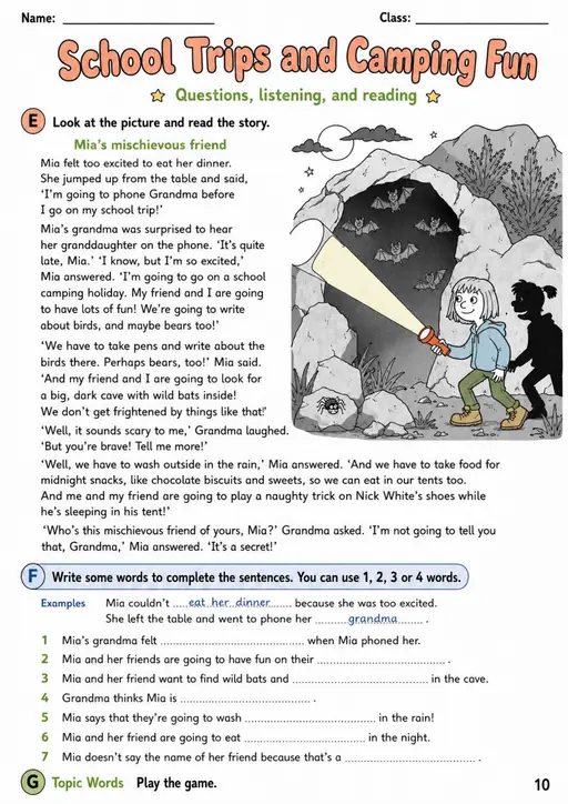 Cambridge Flyers - School Trips and Camping Fun - Practice 2 | Free Worksheet