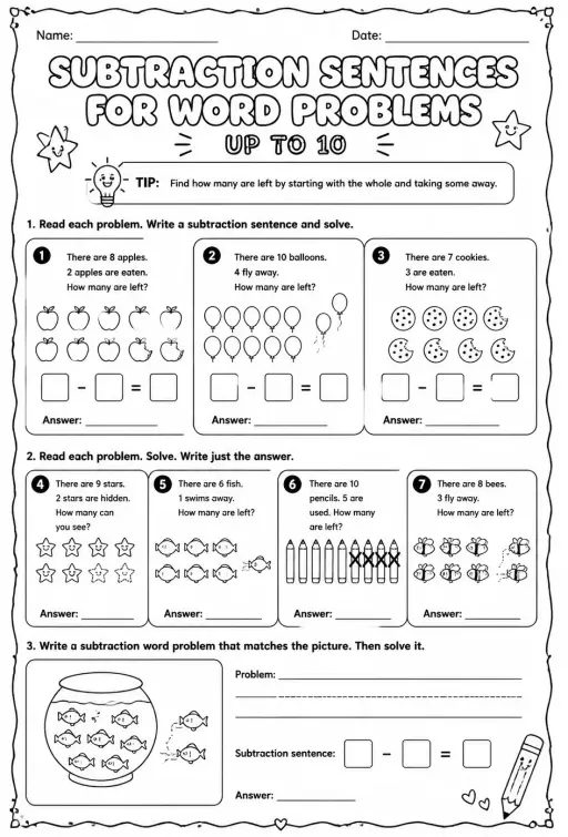 Subtraction sentences for word problems - up to 10