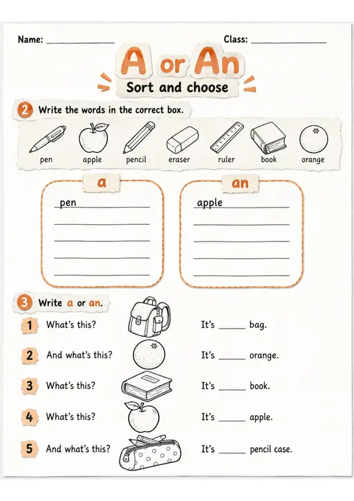 A or An Sorting and Choosing | Grade 1 Grammar Worksheet