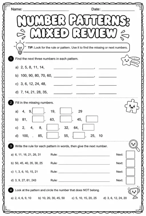 Number patterns: mixed review