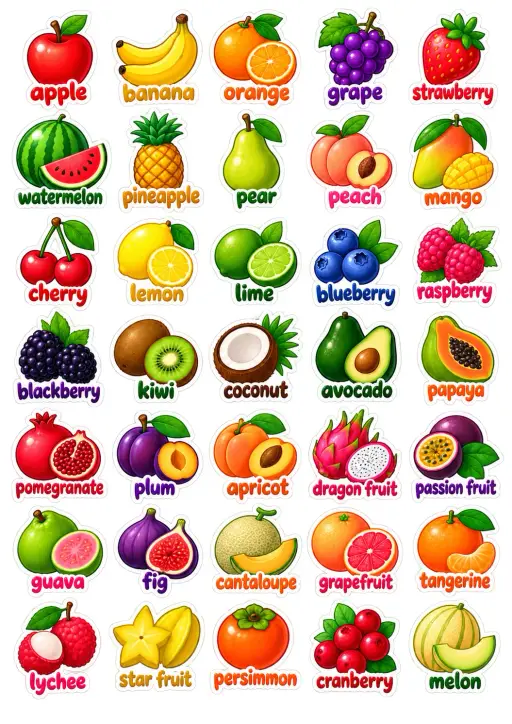 Common Fruits And Berries English Vocabulary Stickers