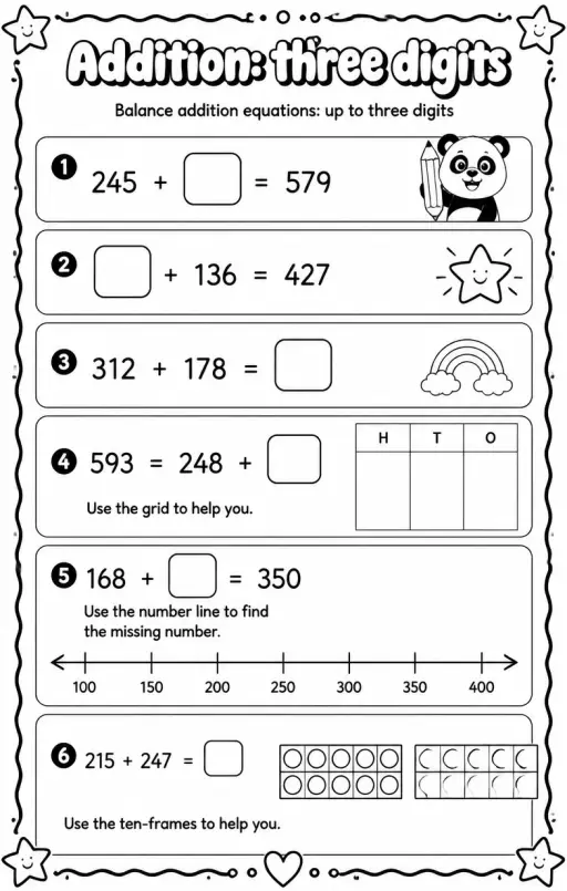 Balance addition equations: up to three digits