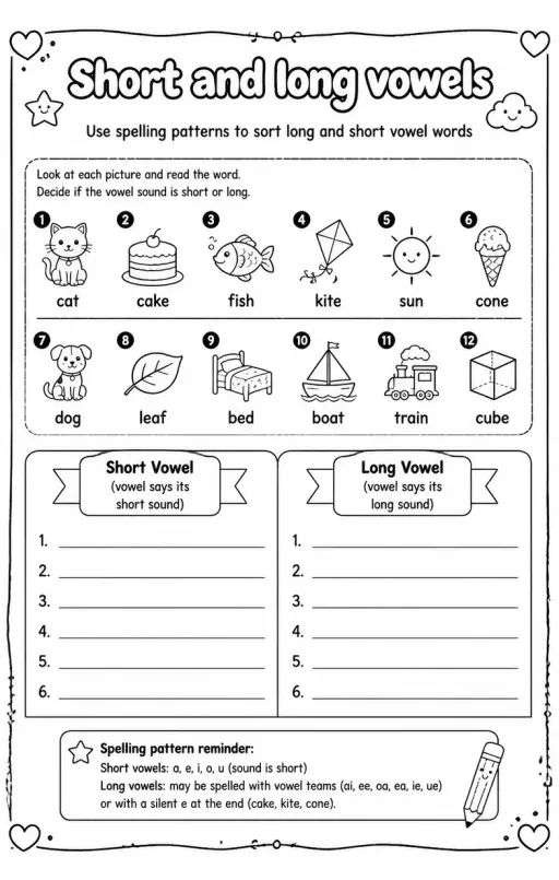 Use spelling patterns to sort long and short vowel words