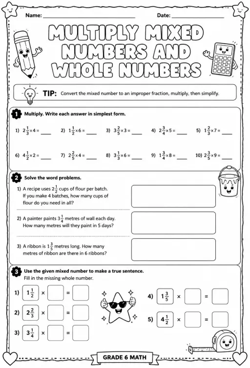 Multiply mixed numbers and whole numbers