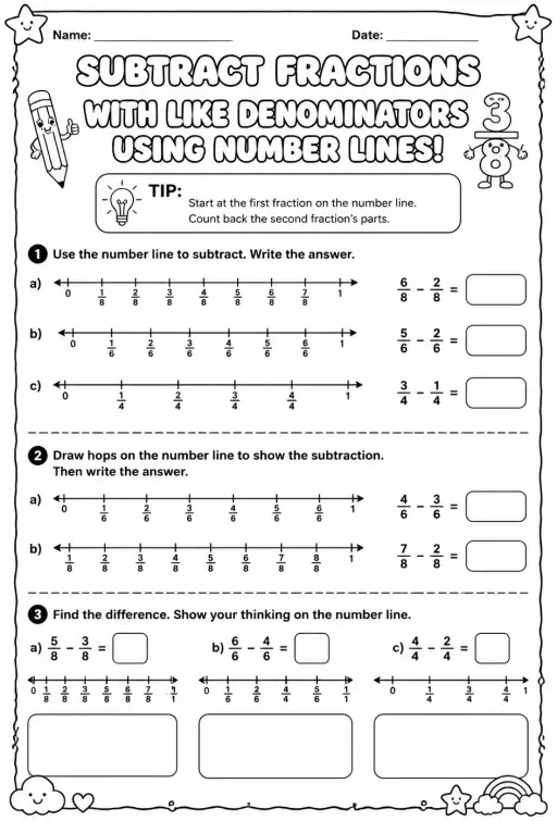 Subtract fractions with like denominators using number lines