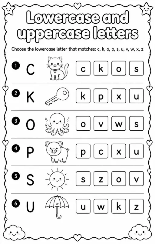Choose the lowercase letter that matches: c, k, o, p, s, u, v, w, x, z