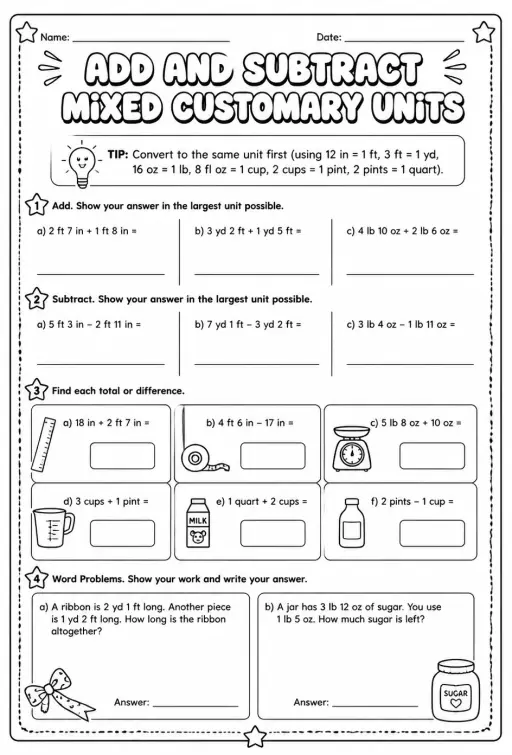 Add and subtract mixed customary units