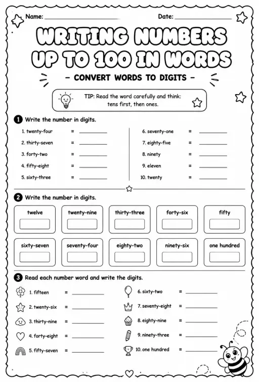 Writing numbers up to 100 in words - convert words to digits