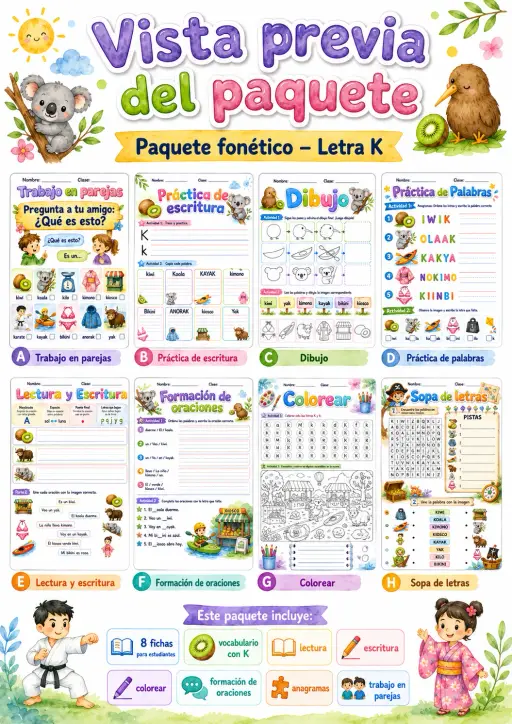 Spanish Letter K Phonics Worksheets Pack