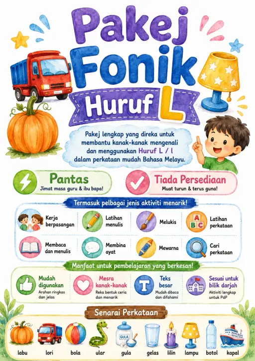 Malay Letter L Phonics Worksheets Pack