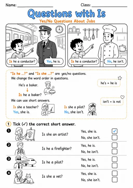 Is He or Is She? Job Questions | Grade 1 Grammar Worksheet