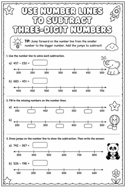 Use number lines to subtract three-digit numbers