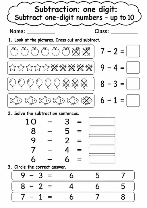 Grade 2 Subtraction: One Digit Math Worksheet Pack