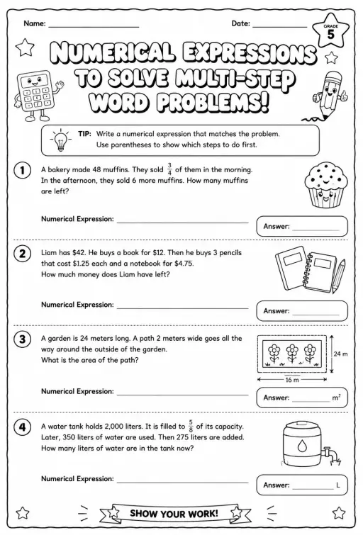 Use numerical expressions to solve multi-step word problems