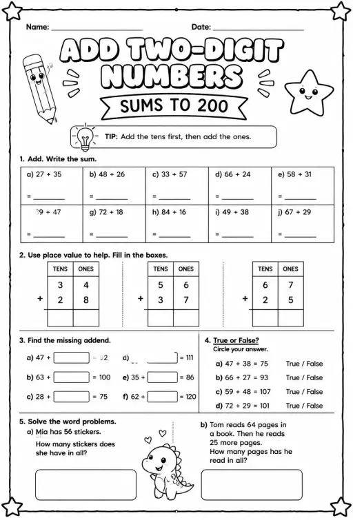 Add two-digit numbers - sums to 200