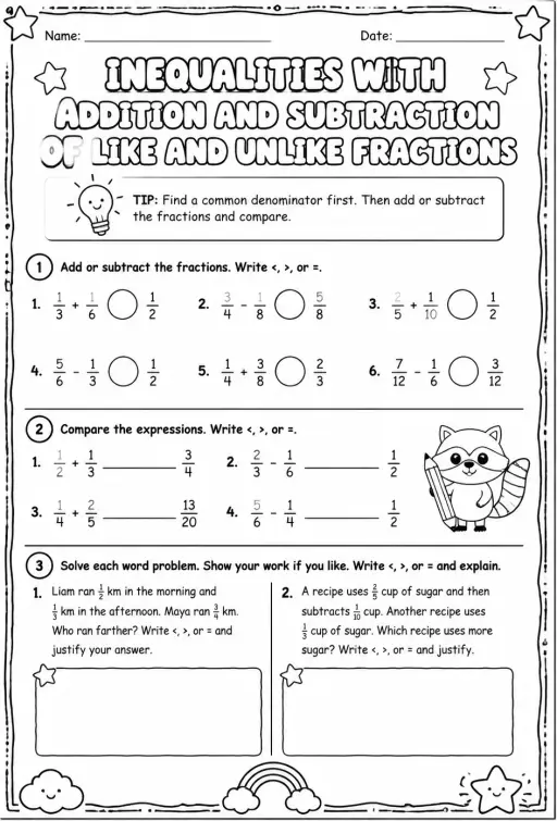 Inequalities with addition and subtraction of like and unlike fractions