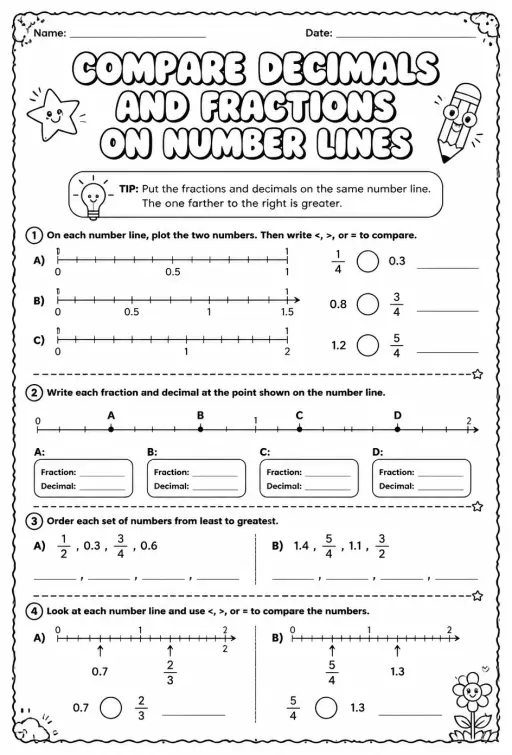 Compare decimals and fractions on number lines