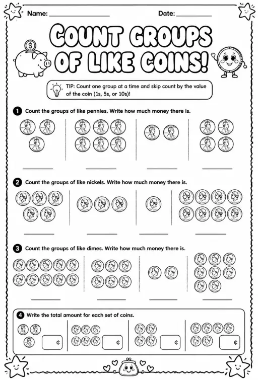 Count groups of like coins: pennies, nickels, or dimes