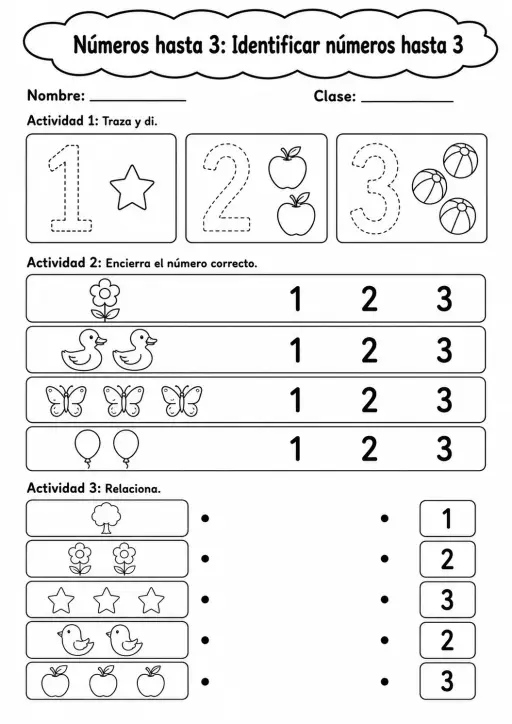 Números hasta 3 - paquete de fichas de matemáticas