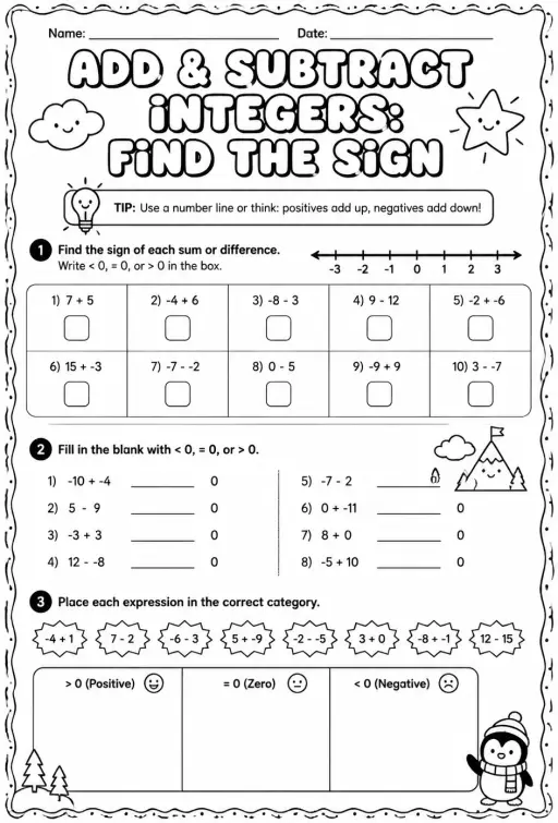 Add and subtract integers: find the sign
