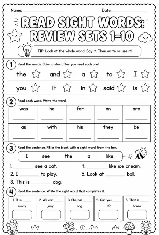 Read sight words: review sets 1–10