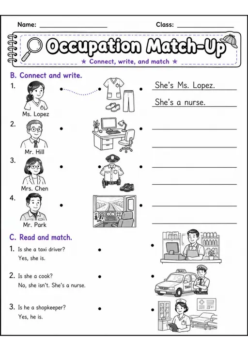 Occupation Match-Up | Grades 2-3 Vocabulary Worksheet