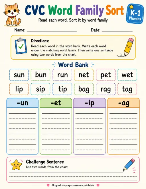 CVC Word Family Sort: -un, -et, -ip, -ag