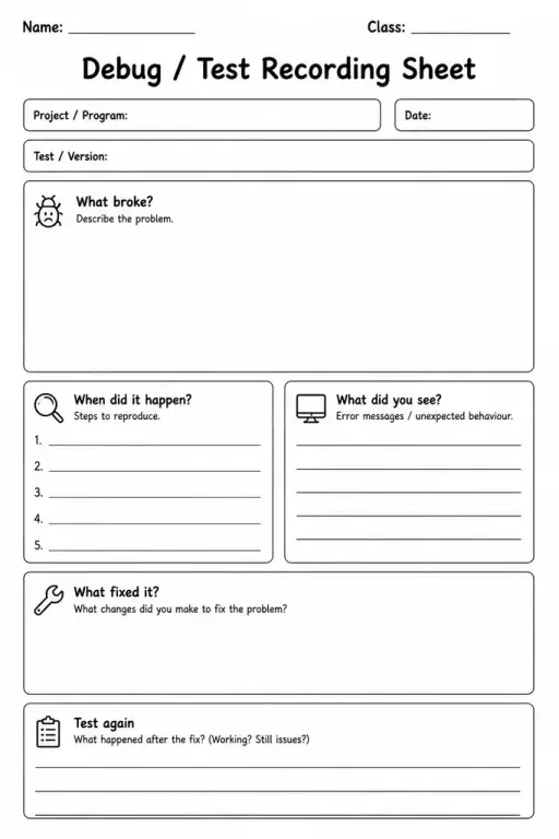 Debug / Test Recording Sheet