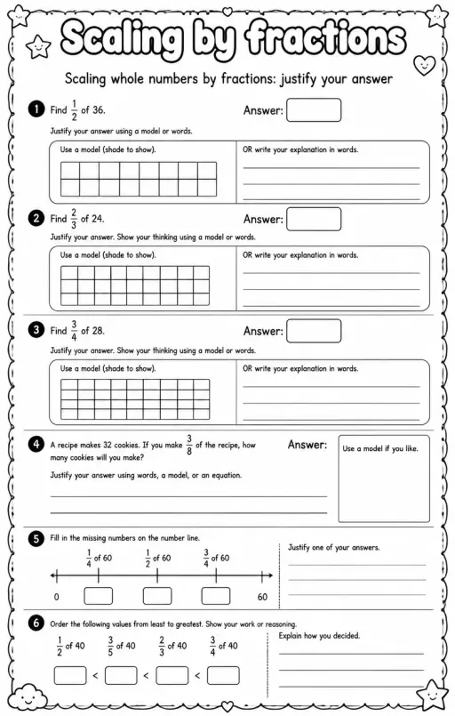 Scaling whole numbers by fractions: justify your answer