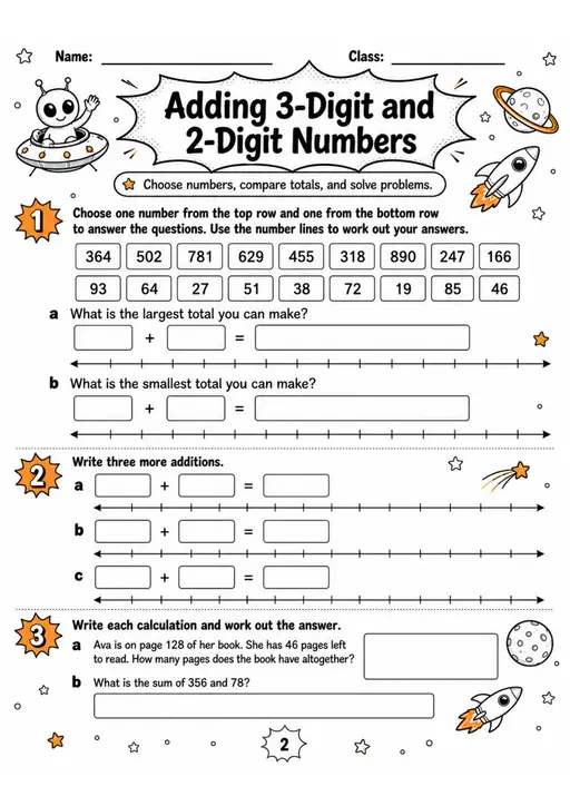 Adding 3-Digit and 2-Digit Numbers - Grade 3 Math Worksheet - grade 3 Calculations and multi-step problem solving