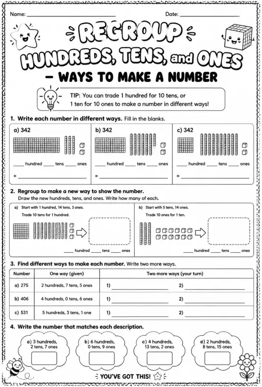 Regroup hundreds, tens, and ones - ways to make a number