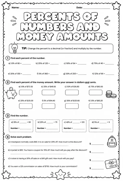 Percents of numbers and money amounts