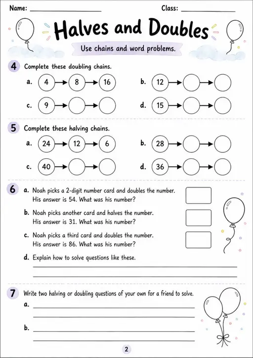 Halves and Doubles - Grade 3 Math Worksheet - grade 3 Calculations and multi-step problem solving