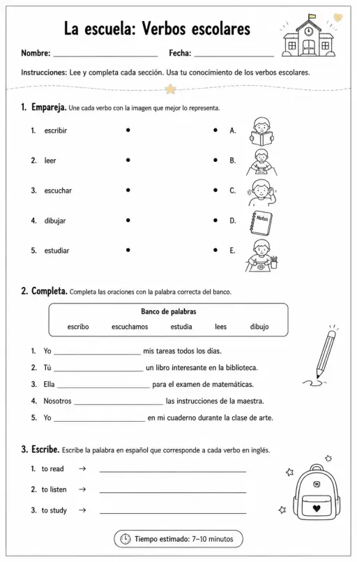Reconocer palabras, frases o oraciones en español relacionadas con verbos escolares.