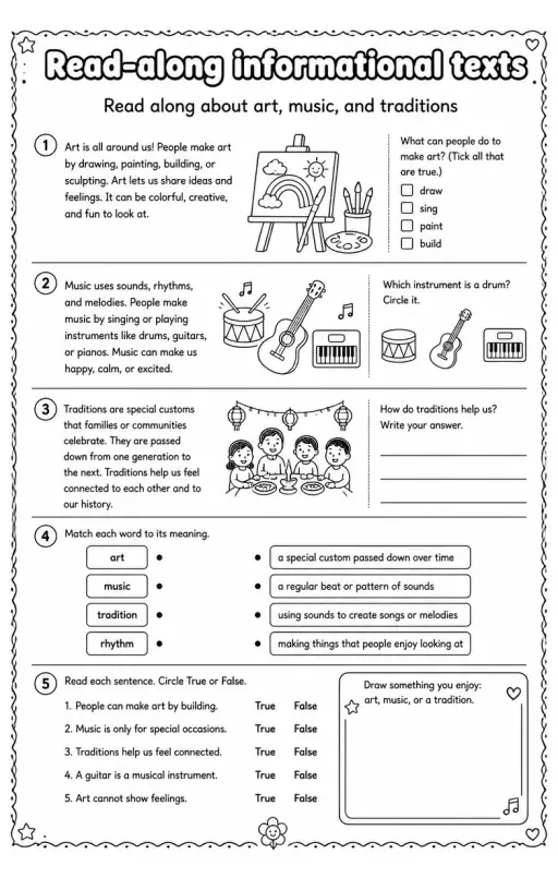 Read along about art, music, and traditions