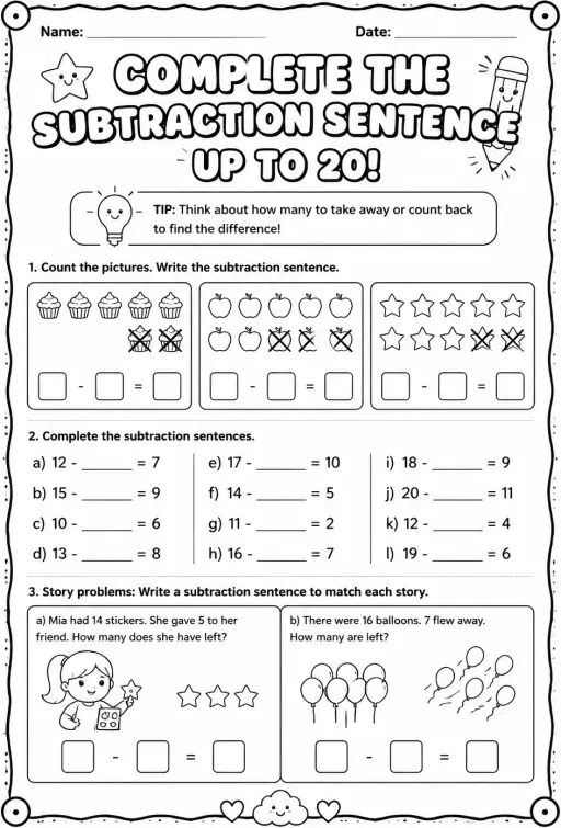 Complete the subtraction sentence - up to 20