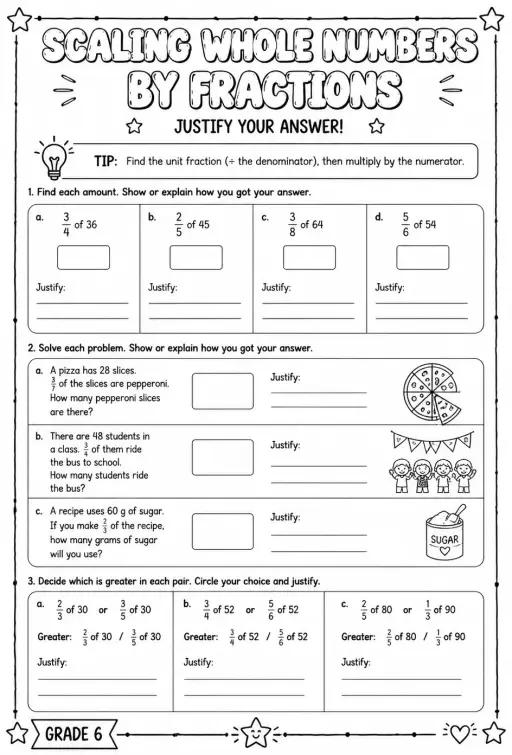 Scaling whole numbers by fractions: justify your answer
